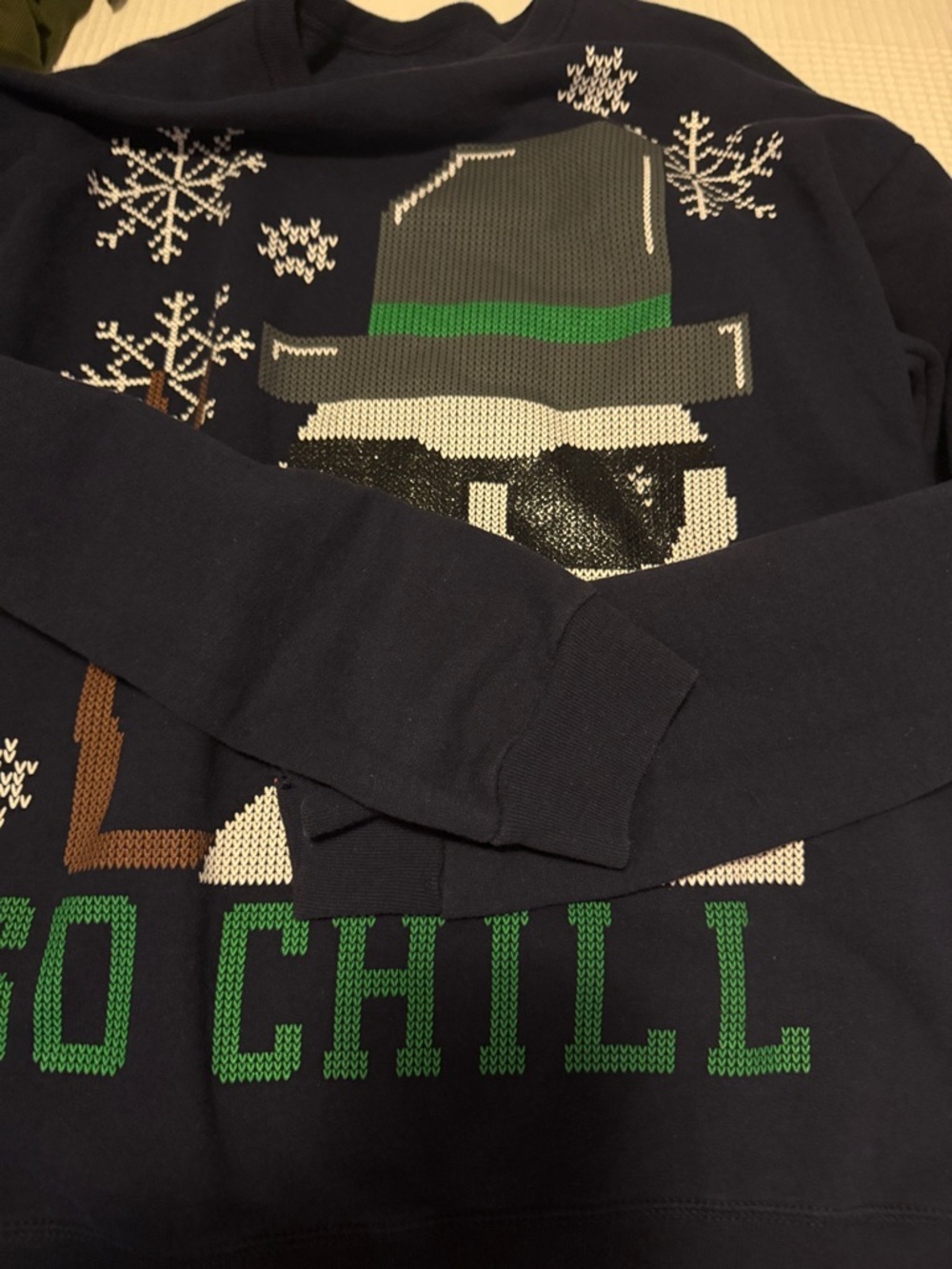 Hanes Navy Crewneck Sweatshirt with Snowman Graphic and Green Accents - Picture 5 of 5